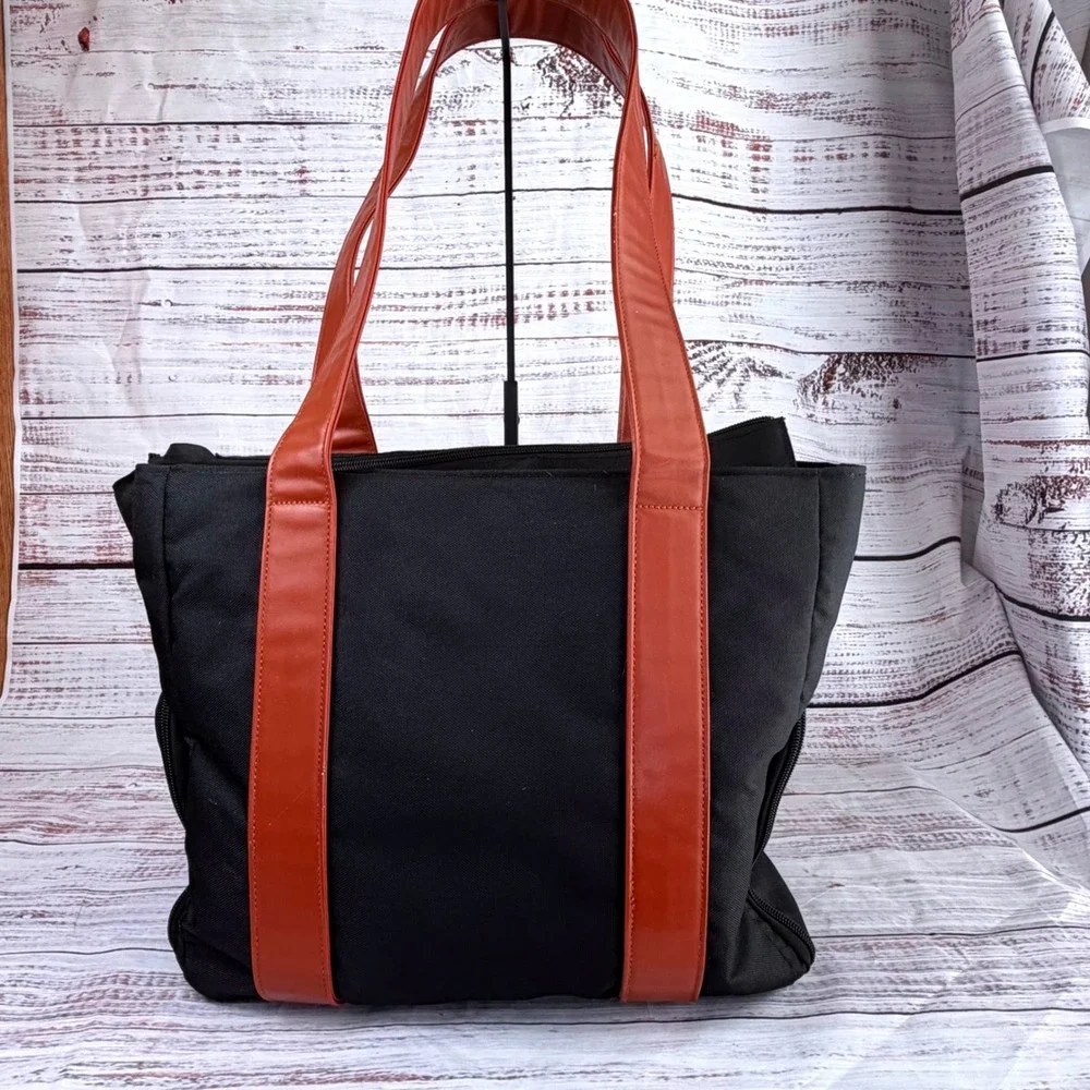 Dr. Browns Diaper Bag Breast Pump Tote Black Canvas Brown Straps Marble Lining